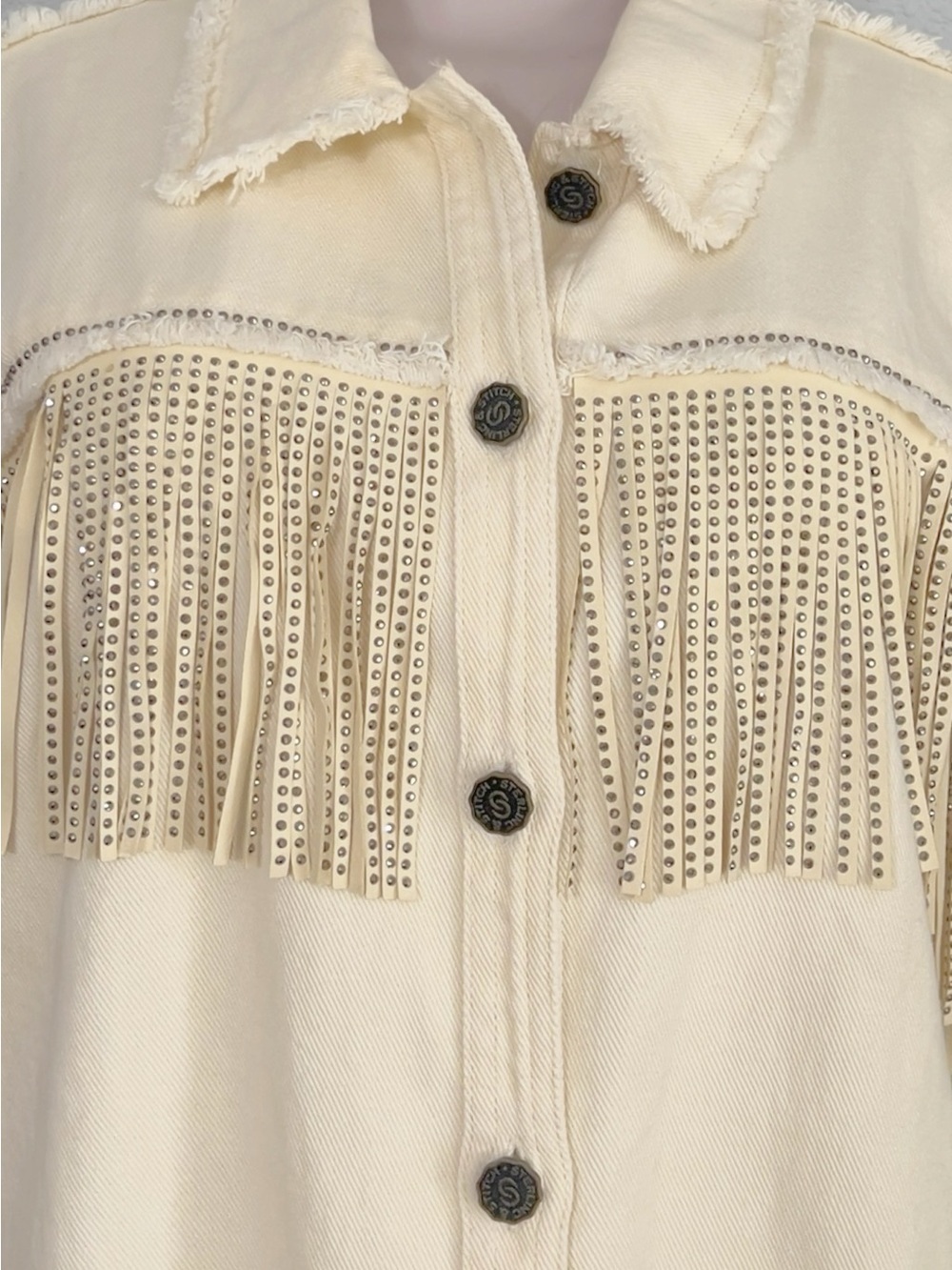 Western Rodeo Sequined Fringed Denim Jacket SZ L Off White - Picture 4 of 9